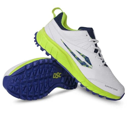 DSC Super Storm Cricket Shoes | Color: Lemon Yellow/Blue | Size: 7 UK/ 8 US/ 41 EU | Material: PVC | for Men & Boys | Lightweight and Durable | Breathable Mesh | Multidirectional Grip