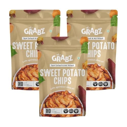 GRABZ Healthy Sweet Potato Chips Without oil | Air-Cooked, Solar-Dehydrated | Low Cholesterol, High Fiber | Natural Immunity Booster | Healthy Snack for Kids, School Tiffin and Travel Friendly | Diabetic-Friendly | Olive Oil - Garlic Masala Flavor | 20g Each (Pack of 3)
