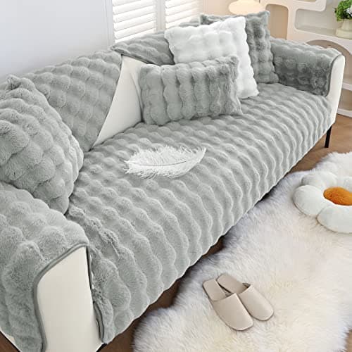 XSlive Soft Warm Faux Fur Couch Sofa Cover Thick Shaggy Fuzzy Sectional Couch Cover Non-Slip Solid Color Plush Sofa Slipcover Furniture Protector for Kids, Pets (Light Grey,43"x94")