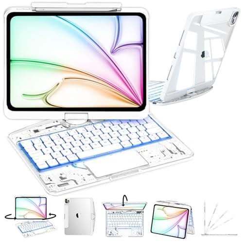 iPad Keyboard Casefor iPad Air 13inchM4M3M2 202620252024and 129inch iPad Pro6th to 3rd generationTransparent Keyboard Case with RGB Backlight 360Rotating Trackpadand Stylus Slot White