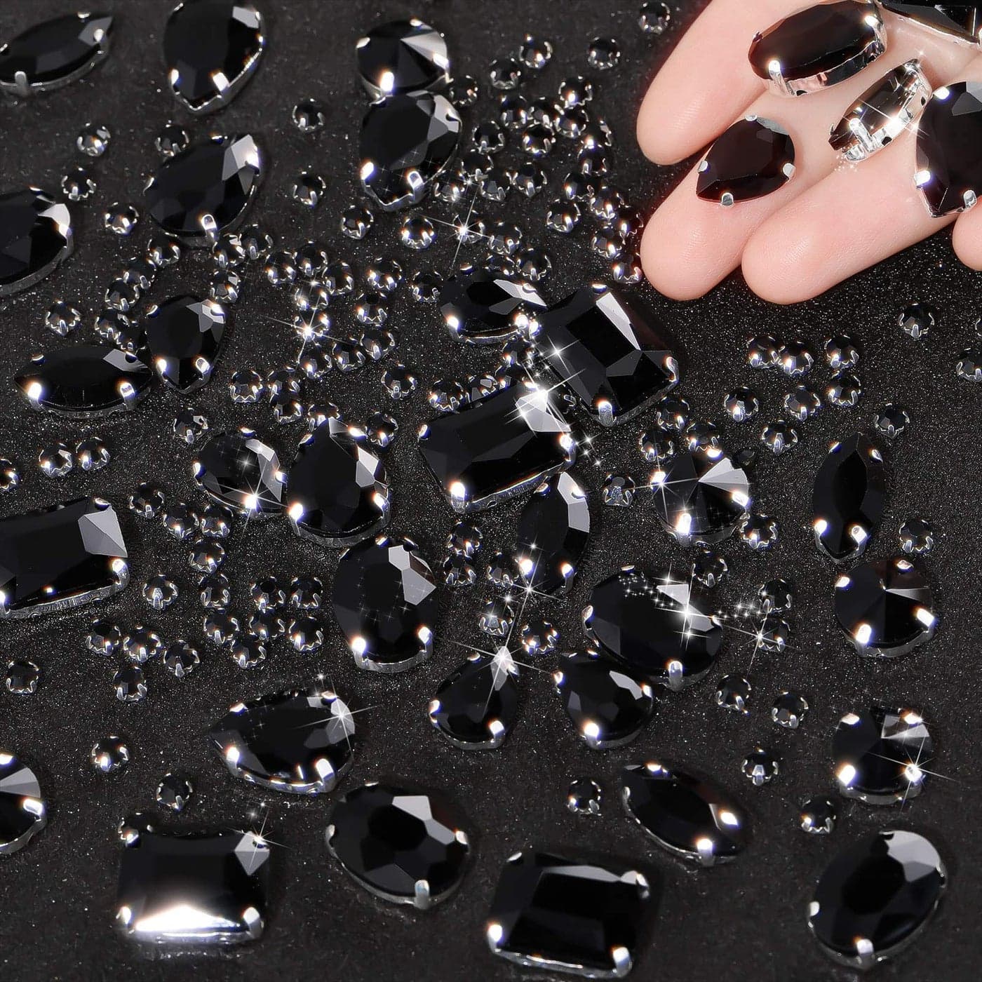 WILLBOND 156 Pcs Sew on Rhinestones Claw Flatback Crystal Rhinestones Metal Prong Setting Gems Acrylic Glass Sewing Gems for Clothes DIY Craft Shoes Dress Jewelry MakingBlack
