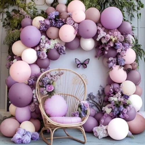 Purple Pink Balloon Arch Kit Double Stuffed Pastel Pink Lavender White Beige Balloon Garland Dusty Light Lilac Cream Balloons for Birthday Baby Shower Wedding Butterfly Flower Party Decor