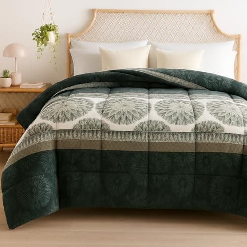 VAS COLLECTIONS 3 Layered Winter Quilt/Rajai 600 GSM | Heavy Thick & Fluffy Comforter for Double Bed | Ultra Warm Blanket for Extreme Cold | Quilted Floral Green & White (3 Kg)