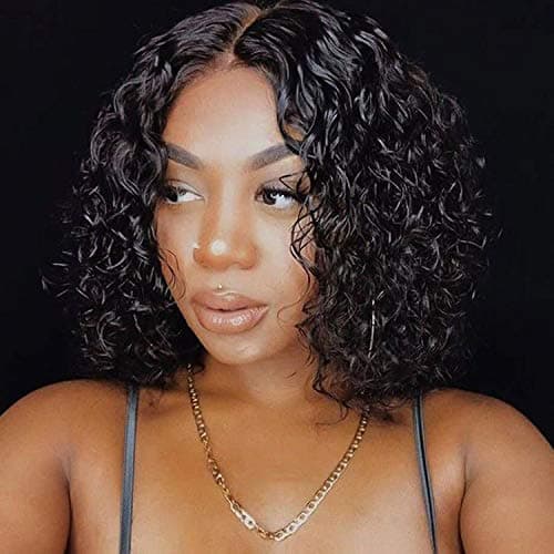 Fine Plus 150 Density Curly Wigs for Black Women Brazilian Human Hair Glueless Short Curly Wigs for Women Natural Black Wig with Middle Part Lace 12 Inch