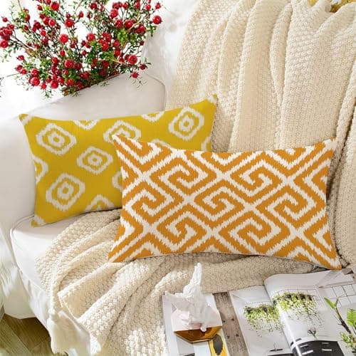 STITCHNEST Set of 2 Polycotton Cushion Covers – 12x18 Inches – Yellow & White Ikat Geometric Print – Elegant Cushion Covers for Sofa & Living Room | Perfect for Home Decor