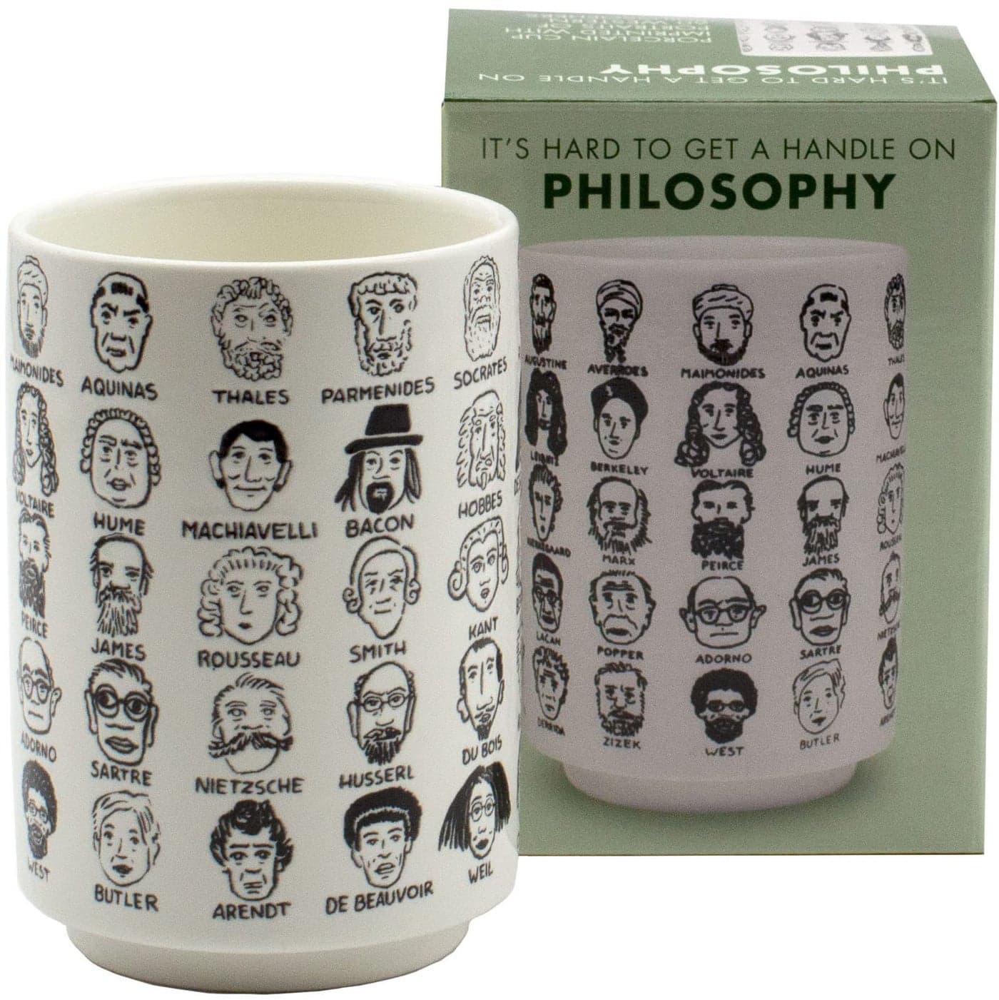 The Unemployed Philosophers Guild Its Hard to Get a Handle on Philosophy Porcelain Handleless Tea Cup Featuring 60 Illustrated Portraits of Western Philosophers Comes in Fun Box 9 oz
