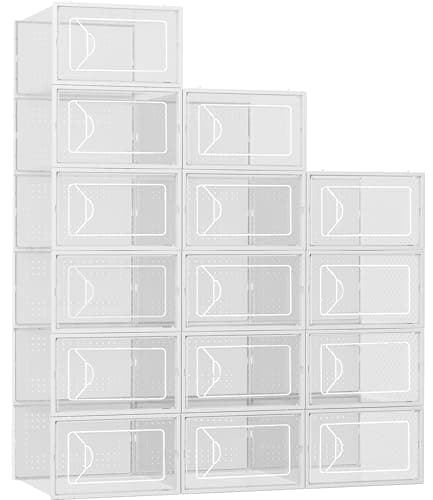 Foluck Shoe Storage Box, 15 Pack Clear Plastic Stackable Shoe Organizer for Closet, Interlocking Design Shoe Container Bins for Sneakers, Foldable Shoe Rack with Lids, White