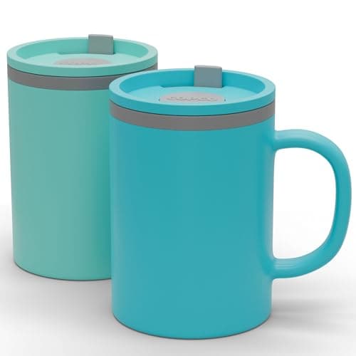 Copco Iconic 16oz Double Wall Insulated Desk Mug with Lid and Handle, Set of 2, BPA-Free Reusable Plastic, Spill-Proof, Microwave & Dishwasher Safe, Wide Mouth, Cup Holder Friendly (Aqua/Mint)