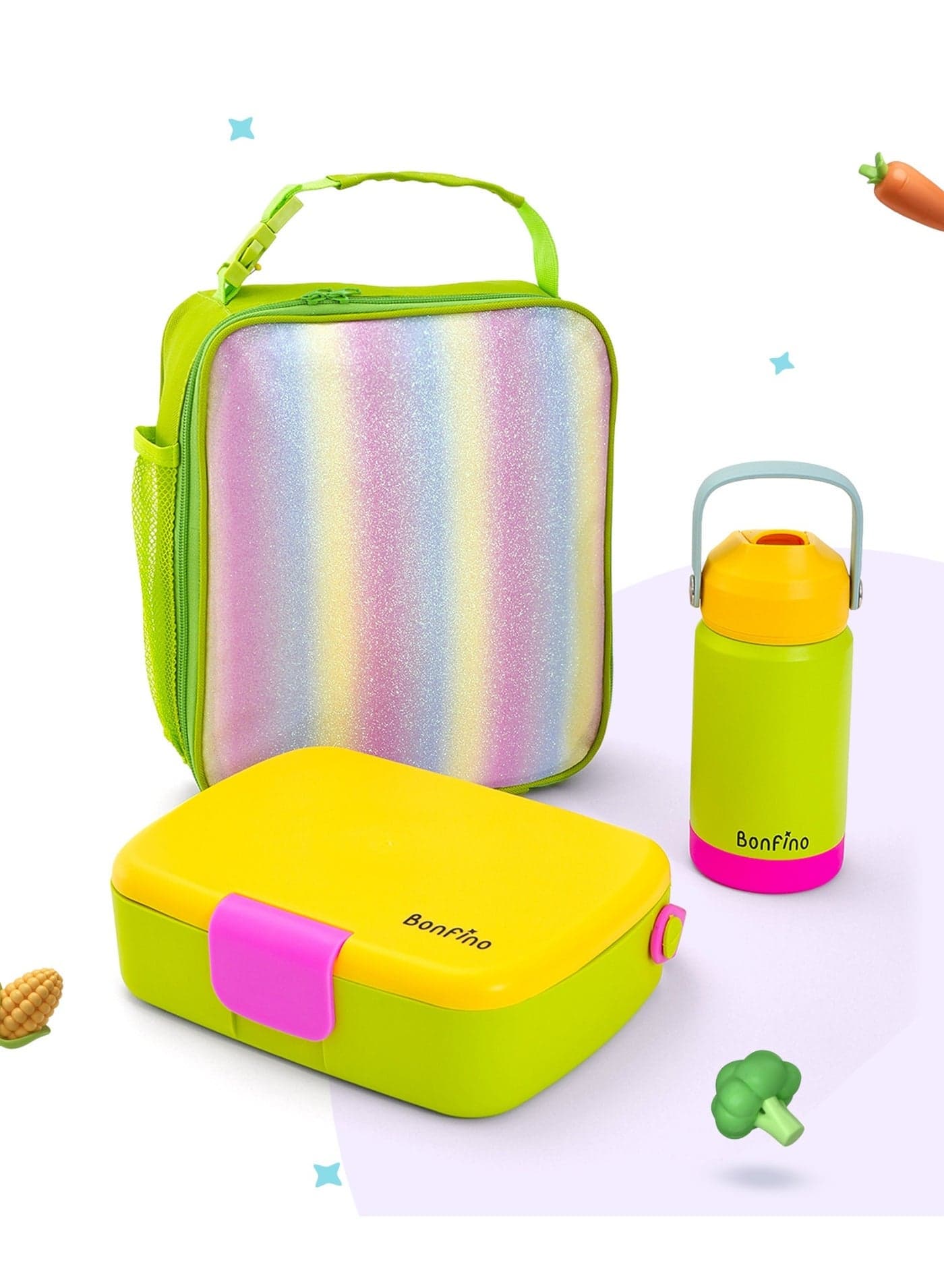 Bonfino Lunch Box with Bottle and Lunch Bag, Leak-Resistant, Multi-Material Build, Durable, 3 Years+, Yellow and Green - 3 Pieces