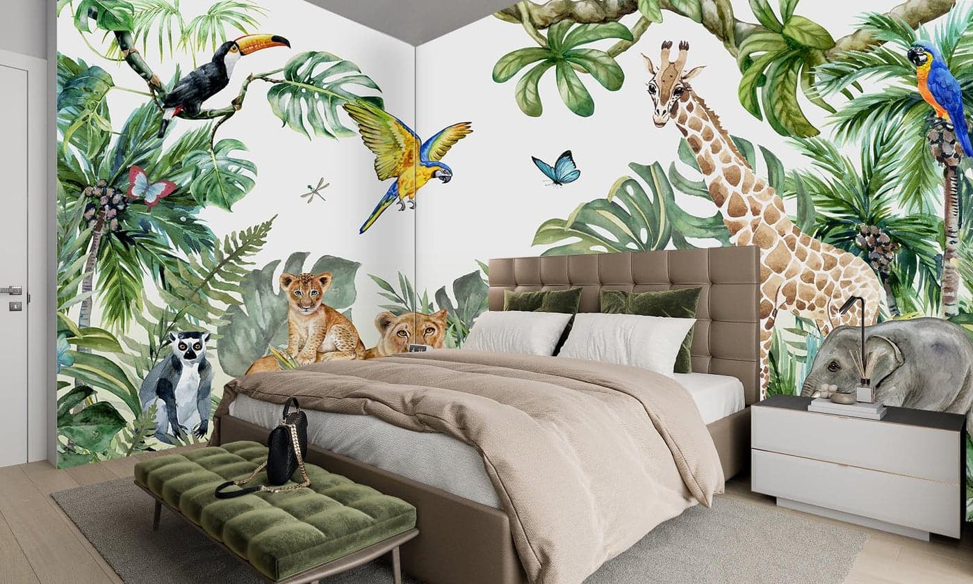 MFWFM Safari Wallpaper for Children with Animals Jungle Wall Mural Watercolor Animals Nursery Wallpaper Kids Room Decor(Not Peel n' Stick)