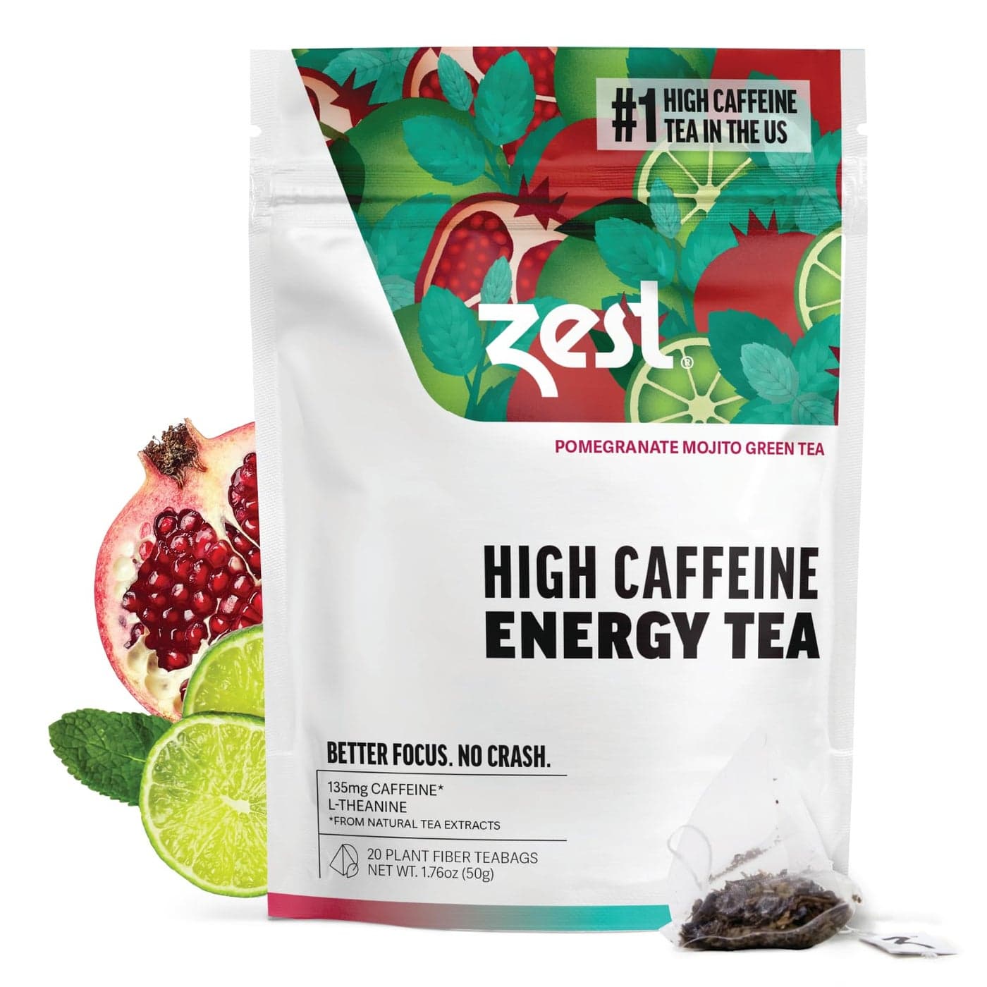 Zest 135mg High Caffeine Energy Leaf Blend - Pomegranate Mojito Green Tea - 20 Pack Bag - All Natural Strong Flavored Healthy Coffee Alternative Highly Caffeinated Substitute - Perfect for Keto
