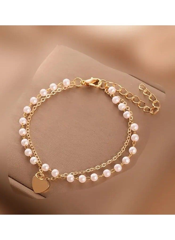Elegant Double-Strand Heart Charm Bracelet with Faux Pearls - 18K Golden Plated Alloy, Ideal for Couples Versatile Party Accessory, Perfect Gift, Fashion Gift|Heart Motif Bracelet|Faux Pearl Detai