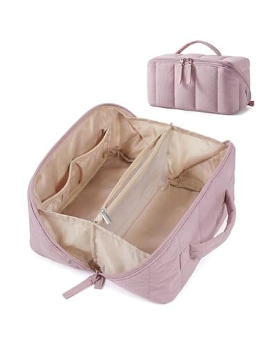 BAGSMART Travel Makeup Bag for Women, Portable Water-resistant Cosmetic Case, Puffy Padded Make Up Organizer Pouch, Open Flat Toiletry Bag for Toiletries, Brushes, Mist Purple