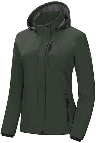 Pursky Fall Coats Raincoat For Women Trench Coat Ski Snow Hiking Fleece Lined Jackets Women's Softshell Jacket With Removable Hood Insulated Warm Windbreaker Army Green S