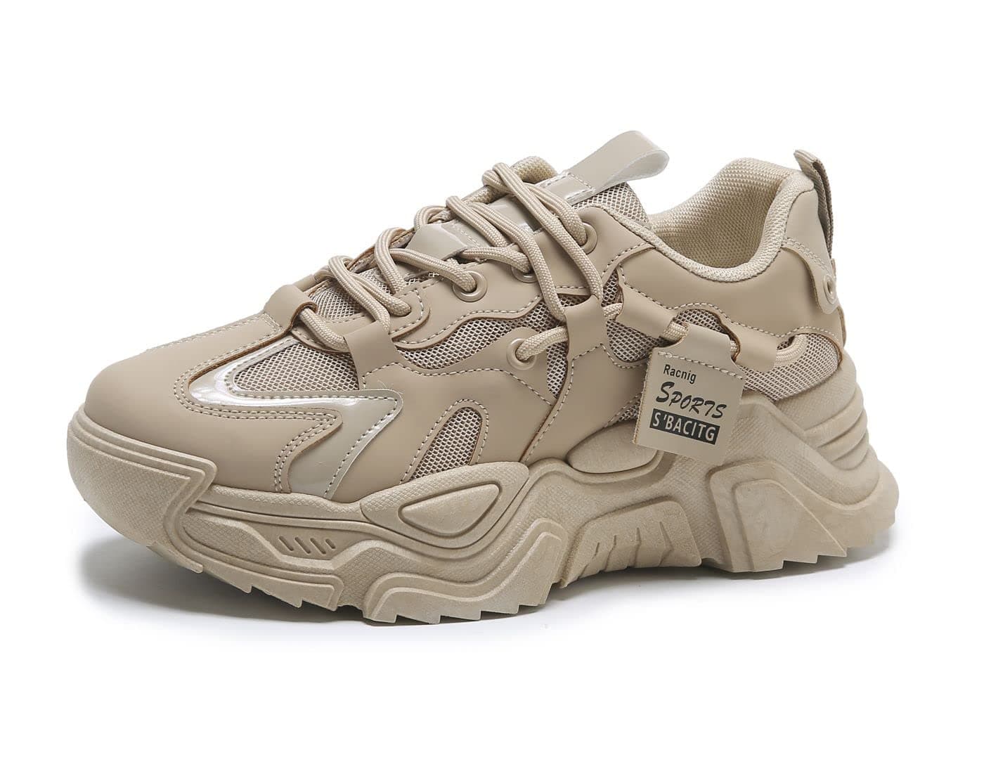 VAXAV Women's Fashion Breathable Mesh Platform Sneakers Casual Jogging Walking Shoes Size 7 Khaki