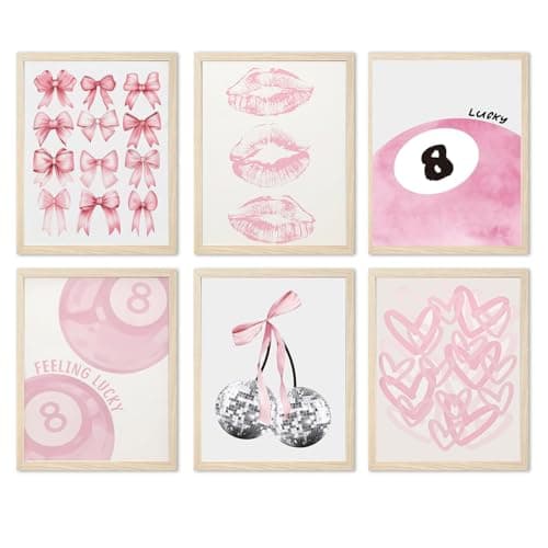 Cute Pink Girl Poster Set of 6 Light Pink Coquette Wall Art Trendy Lucky 8 Ball Wall Decor Paintings Pastel College Apartment Bedroom Living Room Dorm 8x10 inch Unframed