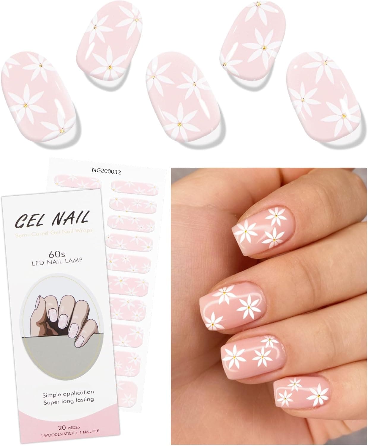 JMEOWIO Gel Nail Stickers Cream Pink White Flower Semi Cured Gel Nail Strips Wraps UVLED Nails Art Design Decoration Accessories