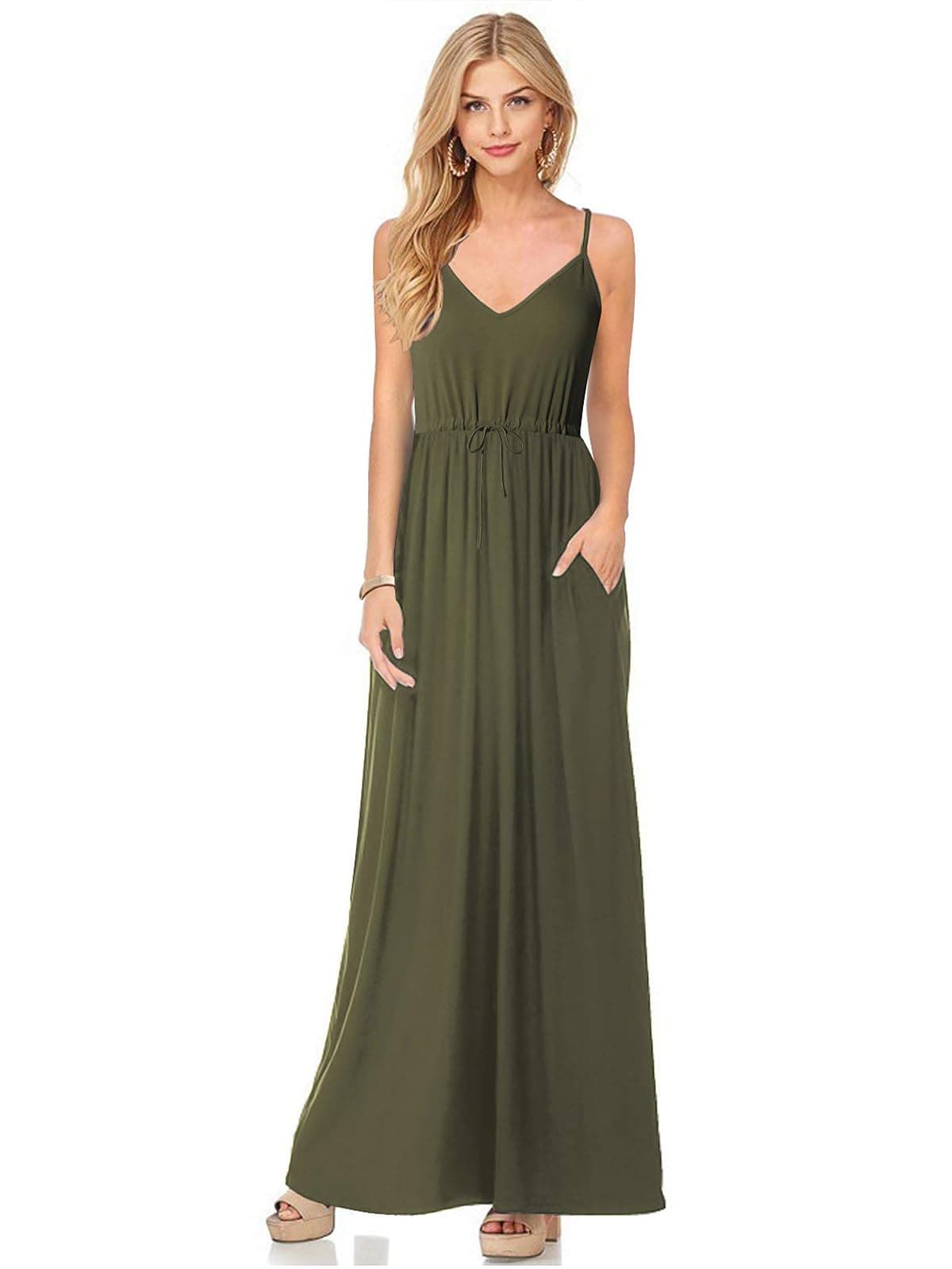 HUSKARY Womens Summer Green Maxi Dresses Sleeveless Loose Casual Long Beach Boho Hawaiian Tropical Sundresses S