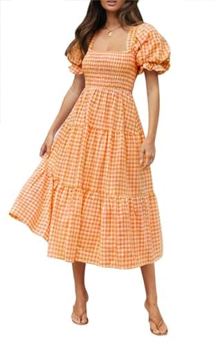 ZESICA Women's 2025 Bohemian Summer Plaid Square Neck Puff Sleeve Ruffle Flowy Beach Midi Dress,Orange,Medium