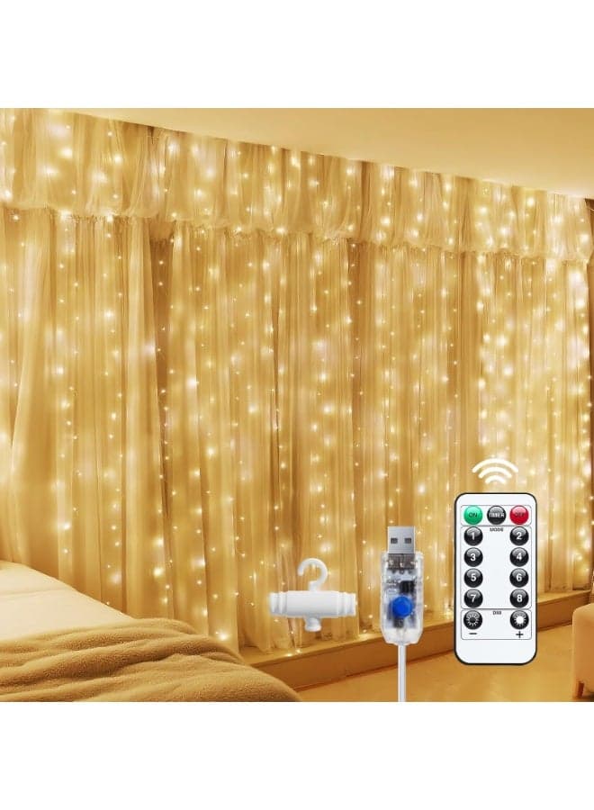Window Curtain String Light 300 LED Fairy Curtain Lights,USB Powered Fairy String Lights Fairy Lights with Remote Control, Wall Christmas Decorations for Bedroom Indoor Weddings Dorm