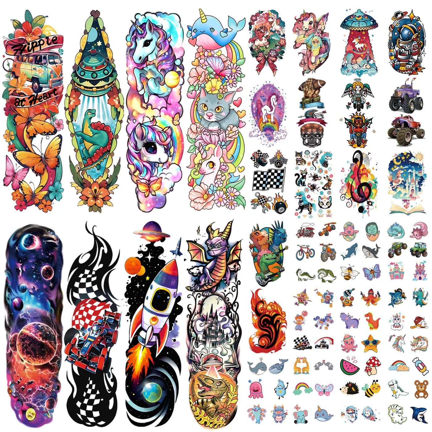 52 PCS Kids Full Arm Temporary Tattoos Rocket Car Dinosaur Planet Astronaut Dolphin Castle Cat Body Tattoos Stickers for Boys Girls Party Supplies Gifts