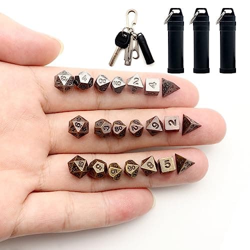 Haxtec Mini Dice Set Tiny Small Metal DND Dice Set with Dice Case Portable Antique Metal Dice Set for Keychain3 Sets