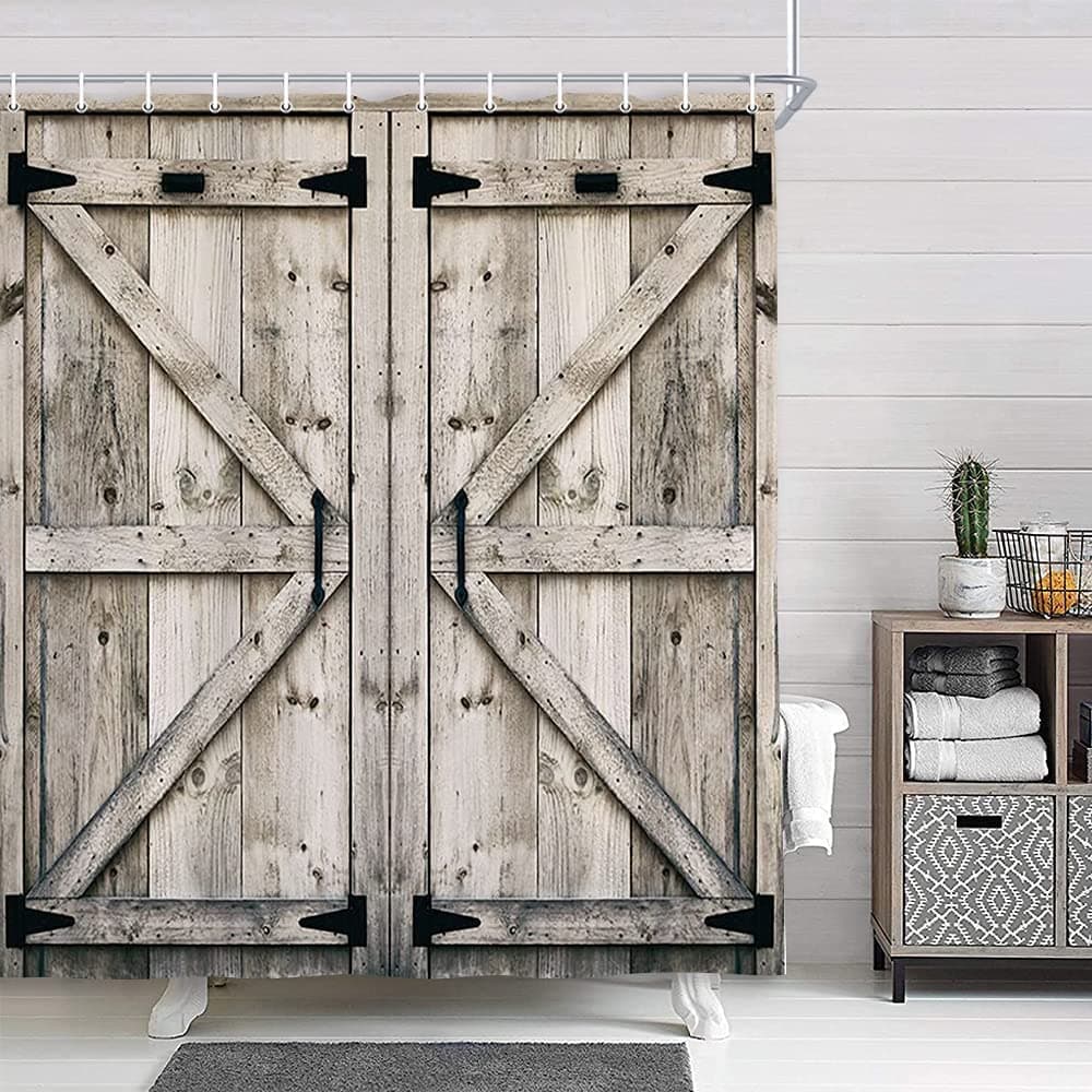 NYMB Rustic Wooden Vintage Farmhouse Country Barn Door Shower Curtain with 12 Hooks Waterproof Garage Cabin Shower Curtain 69X70in