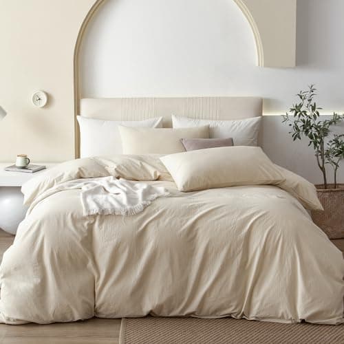 JIYUAN 100% Washed Cotton Duvet Cover Set 3 Pieces Queen, 1 Duvet Cover 90x90 Inches(Comforter Not Included) and 2 Pillowcases,Linen Feel Bedding Set Comfy and Breathable,Heathered Beige