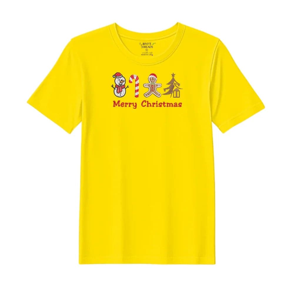 Threads Medium Yellow Polycotton T-Shirt - Christmas "Merry Christmas Icons (Snowman + Candy Cane + Gingerbread + Tree)" Embroidered Design, Premium Holiday Collection