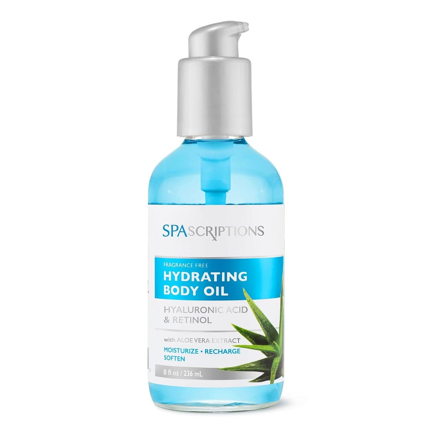 SpaScriptions Fragrance Free Hydrating Body Oil with Hyaluronic Acid Retinol CrueltyFree Nourishing SpaLike Treatment with Aloe Vera Extract to Moisturize Recharge Soften 8 oz