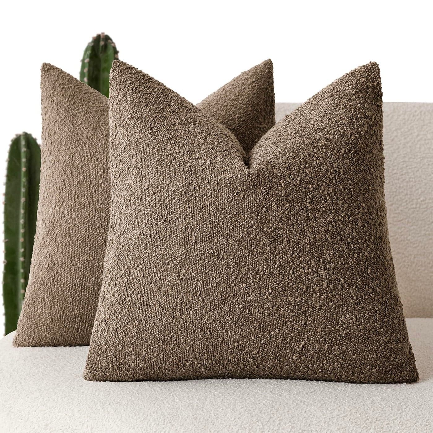 Foindtower Set of 2 Decorative Textured Boucle Throw Pillow Covers Accent Solid Pillow Cases Soft Cozy Couch Cushion Case for Chair Sofa Bedroom Living Room Home Decor 26x26 Inch Light Brown