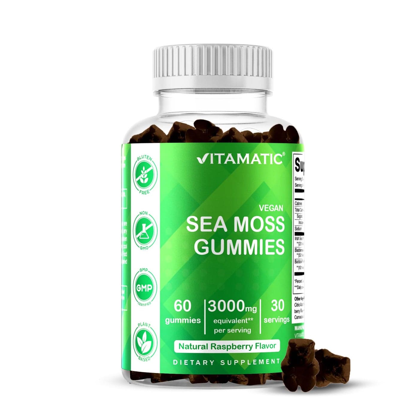 Vitamatic Irish Sea Moss Gummies 3000mg Equivalent Per Serving 60 Ct Made with Bladderwrack Burdock Root Seamoss Supplement for Thyroid Energy Immune Support