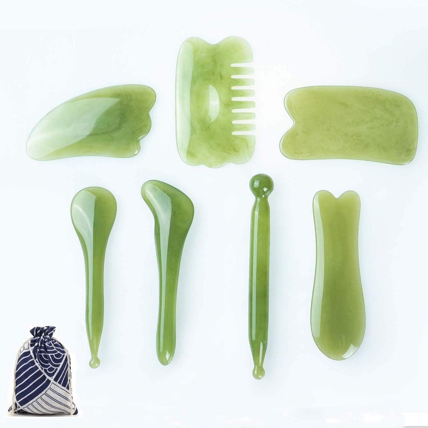 YUYONGTANG 7 Pieces Gua Sha Scraping Massage ToolNatural Resin GuaSha Tool Massage Tools Set for Face Back and Neck ReleaseReduce Muscle Painwith Storage Bag Green