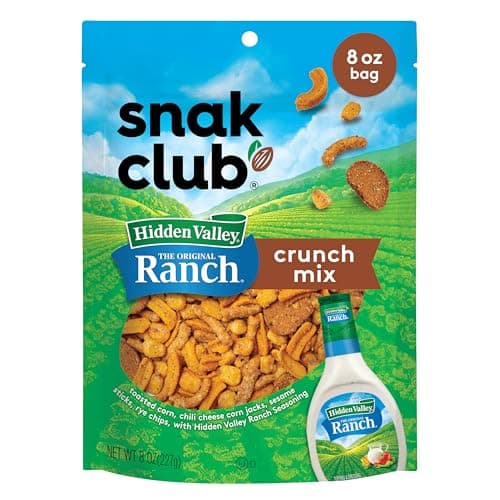 Snak Club Crunch Mix with Hidden Valley Ranch Seasoning, Toasted Corn, Chili Cheese Corn Jacks, Sesame Sticks, and Rye Chips, Kosher Snack, 8 oz Resealable Bag