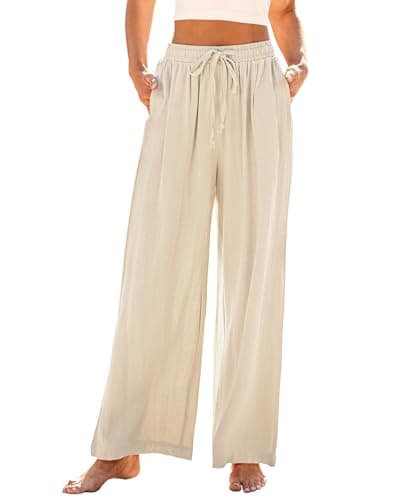 GRAPENT Boho Clothes for Women Trendy Pull On Drawstring Pants Pleated Summer Beige Linen Pants for Women Oversized Cute Color Light Beige X-Small Size 0 to 2