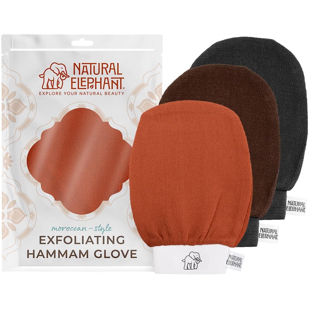 Natural Elephant Exfoliating Hammam Glove Face and Body Exfoliator Mitt Black Brown and Orange Pack of 3