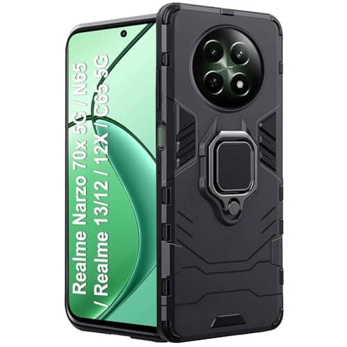 TheGiftKart Unbreakable Armor Case: Bumper Support, Ring Holder & Kickstand for Realme Narzo 70, N65, Realme 13/12/12X, C65 | Latest 360-Degree Protection (PC & TPU, Black)