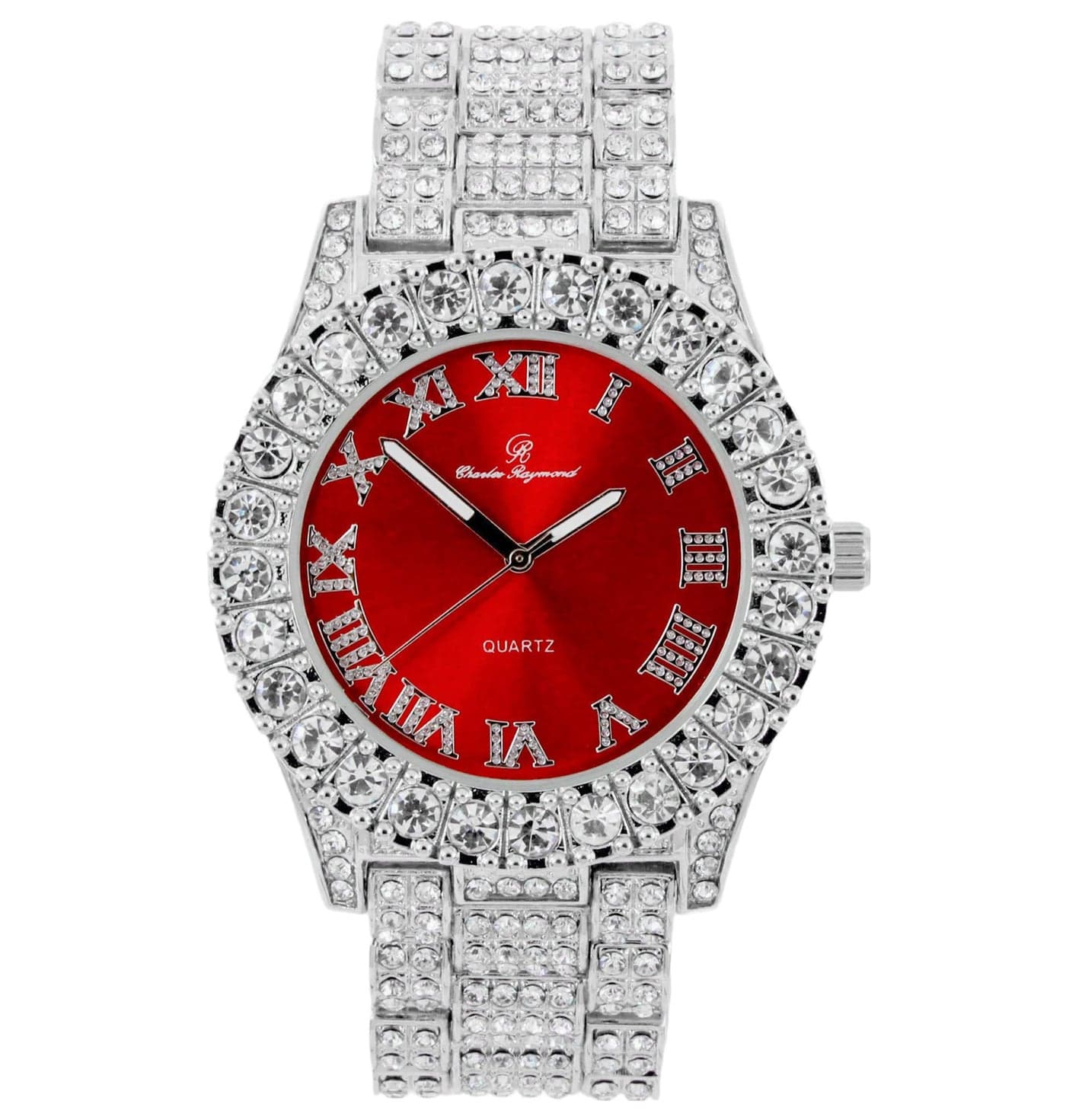 Charles Raymond Mens Silver Big Rocks with Roman Numerals Fully Iced Out Colorful Dial Watch - ST10327 RN Single (Blood Red/Silver)