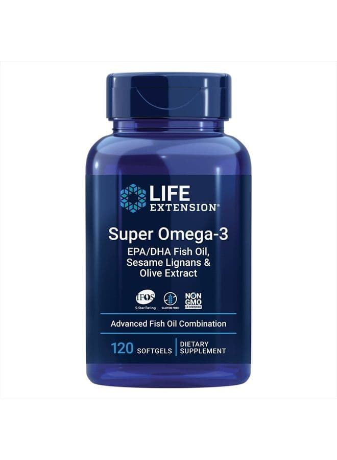 Super Omega-3 EPA/DHA Fish Oil, Sesame Lignans & Olive Extract - For Heart & Brain Health – For Inflammation & Cholesterol Management – Gluten-Free, Non-GMO – Lemon Flavor 120 Softgels