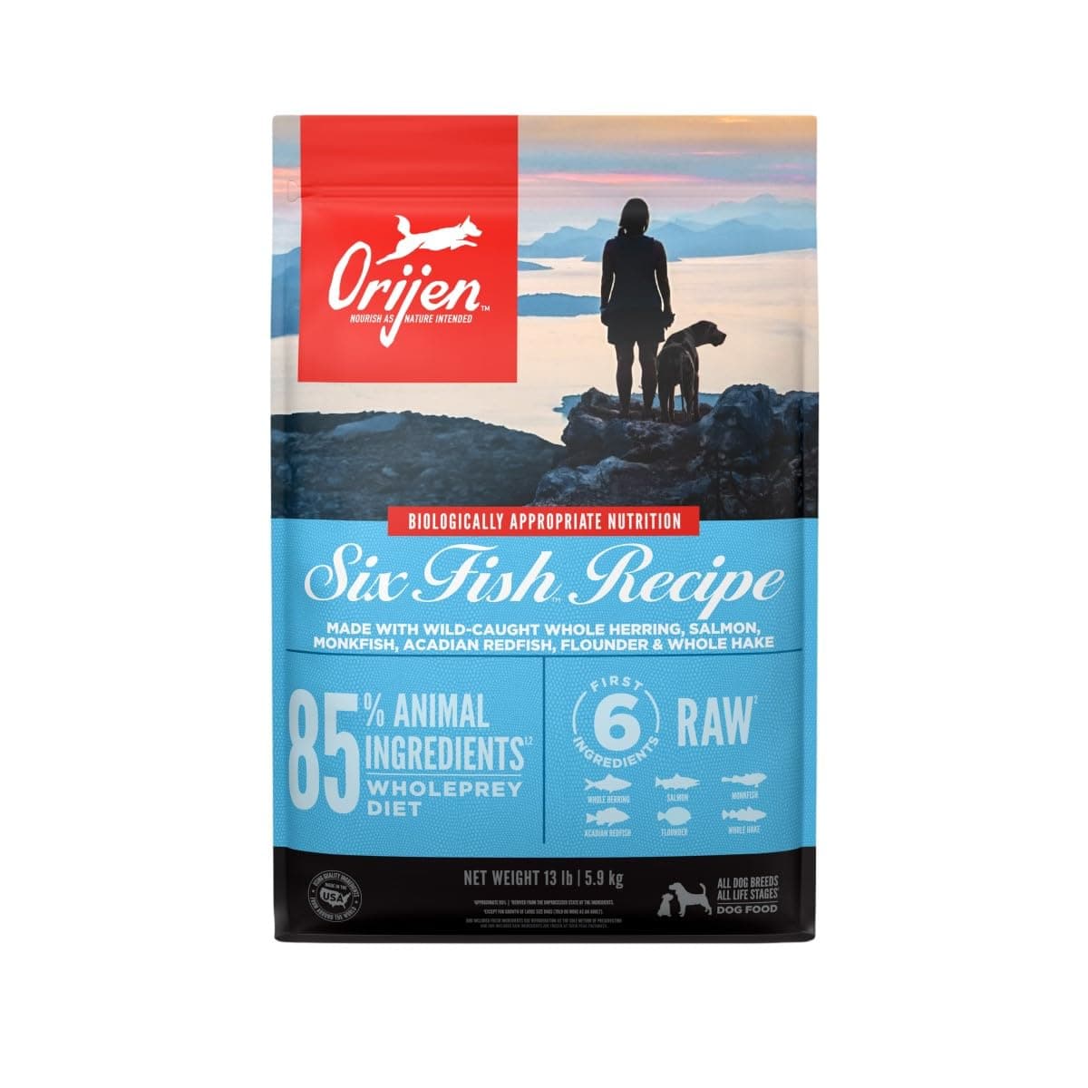 ORIJEN Grain Free Poultry Free High Protein Dry Dog Food Six Fish Recipe 13lb Bag