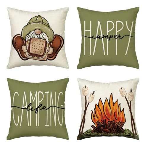 AVOIN colorlife Happy Camper Camping Life Throw Pillow Covers 18x18 Set of 4 Gnome SMore Campfire Decoration for Sofa Couch