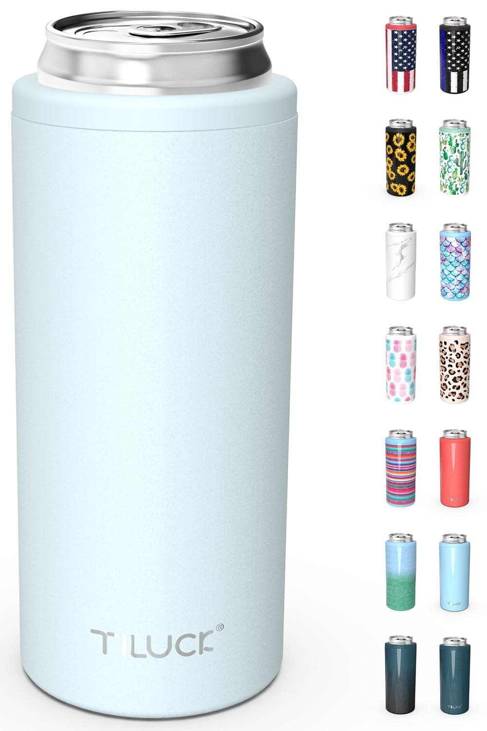 TILUCK Skinny Can Cooler for Slim Beer Hard Seltzer Stainless Steel DoucleWalled Stainless Steel Insulated Slim Cans Standard 12 oz Frosted Sky