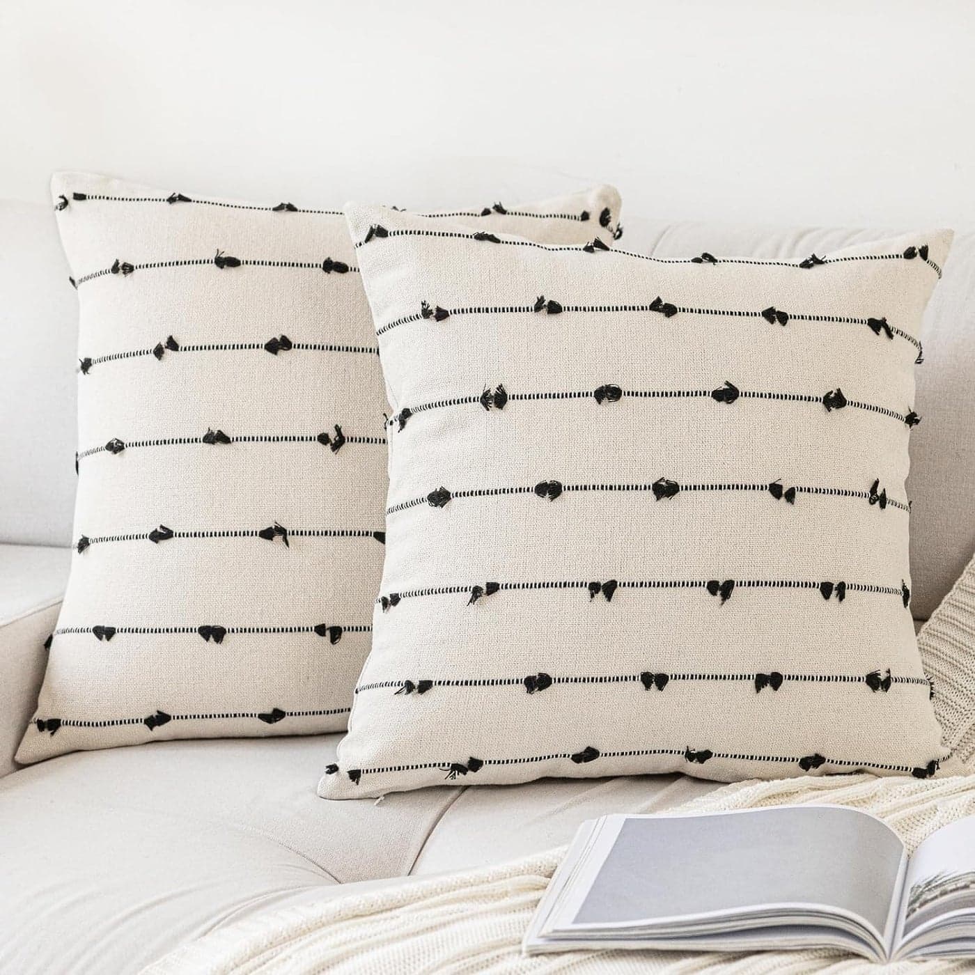 Boho Throw Pillow Covers 18x18 Set of 2, Modern Farmhouse Decorative Cushion Case Tufted Square Pillows Cover, Neutral Pillow Cases Accent Pillowcase, for Sofa, Couch, Bed, Beige and Black