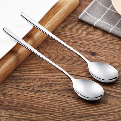Leeonz 2Pcs Soup Spoons Stainless Steel Round Tablespoons, 8.26 Inch Long Handle Dinner Rice Korean Spoons Set for Home Kitchen Restaurant