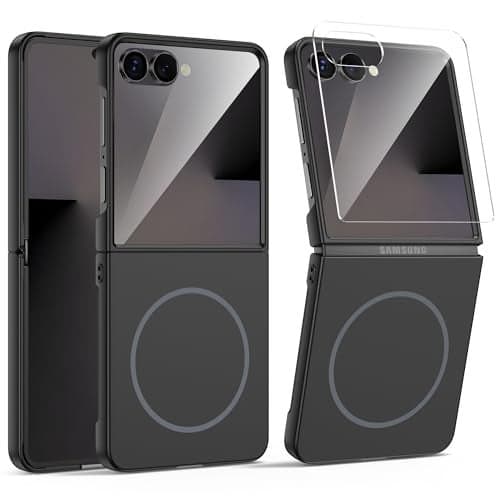 MAKAVO Magnetic for Samsung Galaxy Z Flip 7 Case, Compatible with MagSafe, Built-in Screen Protector, Flip7 Slim Hard Shockproof Phone Cover, Black