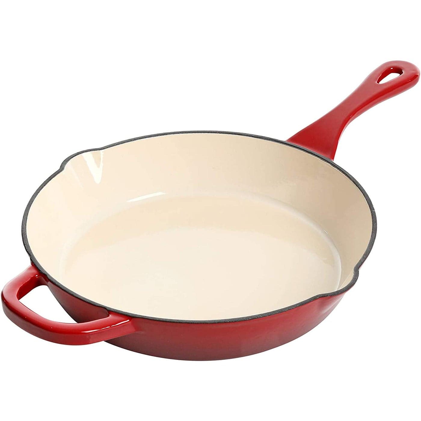 CrockPot 10 Inch Enameled Cast Iron Skillet with Handles Ideal for Searing Roasting Frying Even Heat Distribution Pour Spouts OvenSafe Stovetop Safe Red