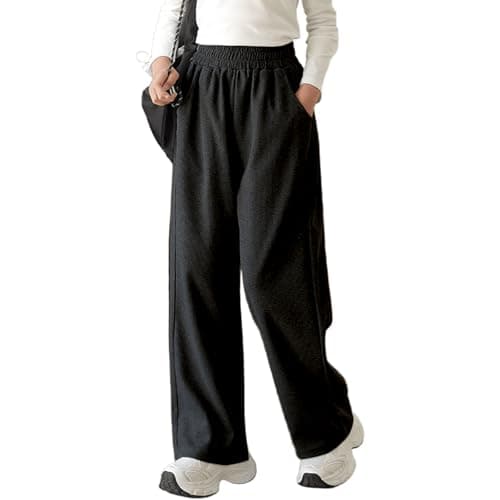 Djeanxa Girl's Wide Leg Sweatpants Baggy Straight Loose Sweat Pants High Rise Causal Kids Athletic Pants with Pockets 6-14Y Black