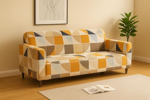 KINGLY Yellow Beige Modern Geometric Print Sofa Cover 3 Seater Elastic Stretchable Universal Fit Sofa Cover 3 Seater Fully Covered Washable Sofa Protector Anti-Slip for Daily Use