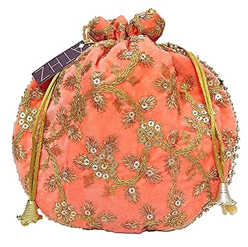 ATHZ Velvet Peach Potli Bag for Women Golden Work Wedding Handbag || Ladies ethnic potli pouch bag