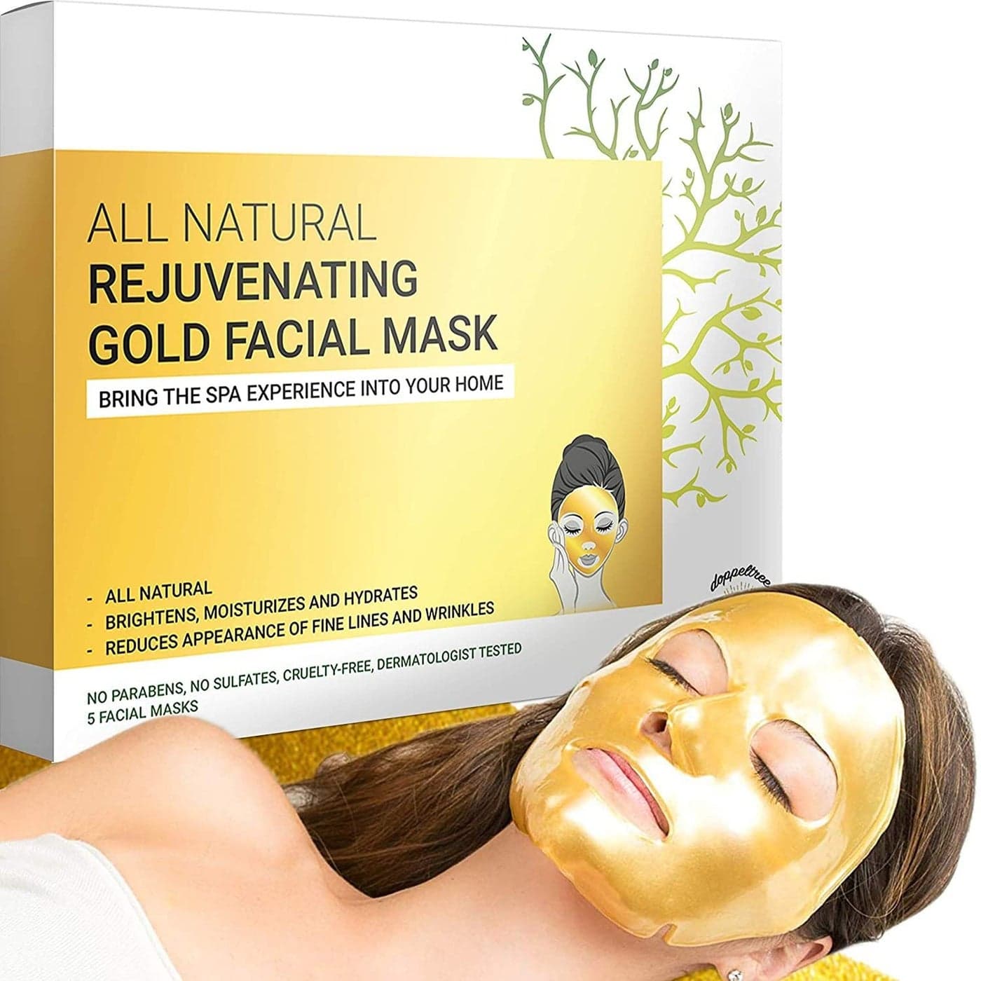 Doppeltree Gold Facial Mask Premium Hydrogel Sheet Face Masks for Skin Care Beauty Hydrating Anti Aging Facemask with Collagen Hyaluronic Acid 24k Nano Gold Formulated in San Francisco